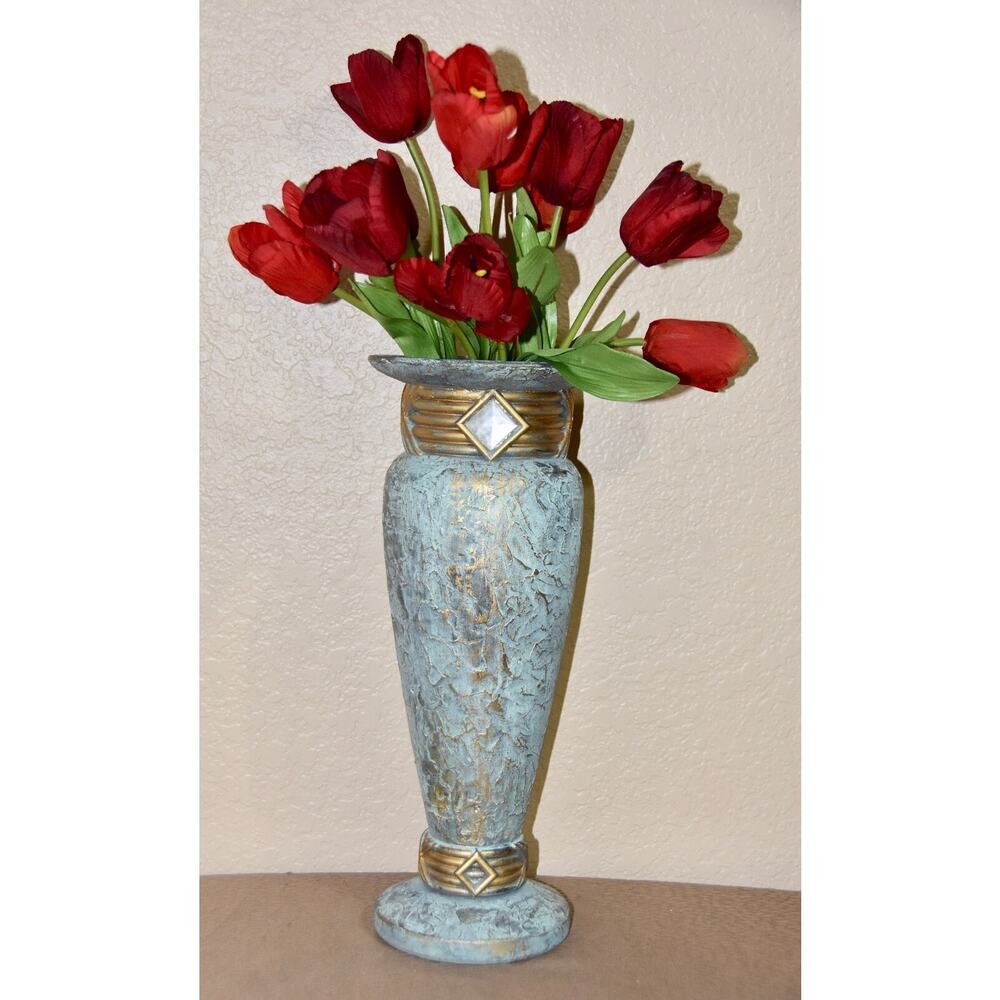 Jaru Art Deco Green and Gold Cast Stone Ceramic Pedestal Vase